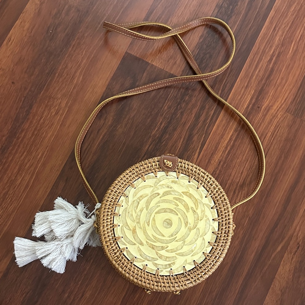 Round Woven Crossbody Bag with Tassels
